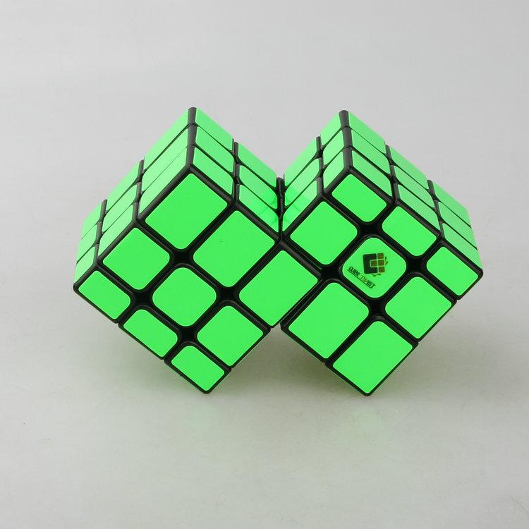 (image for) Cubetwist Unequal Mirror 2‑in‑3 Siamese Cube Black Base Fluorescent Green Sticker Conjoined Limited Rotation Puzzle