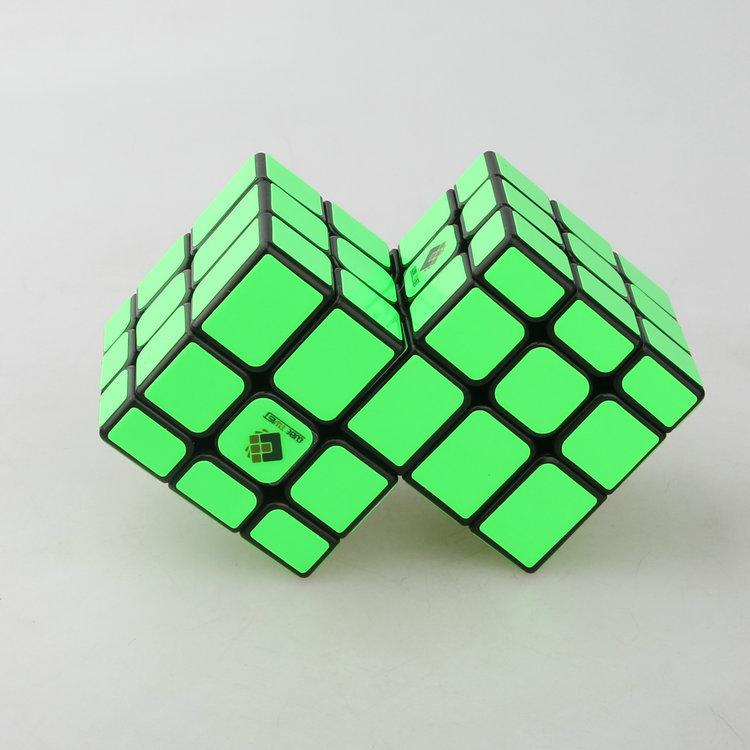 (image for) Cubetwist Unequal Mirror 2‑in‑3 Siamese Cube Black Base Fluorescent Green Sticker Conjoined Limited Rotation Puzzle