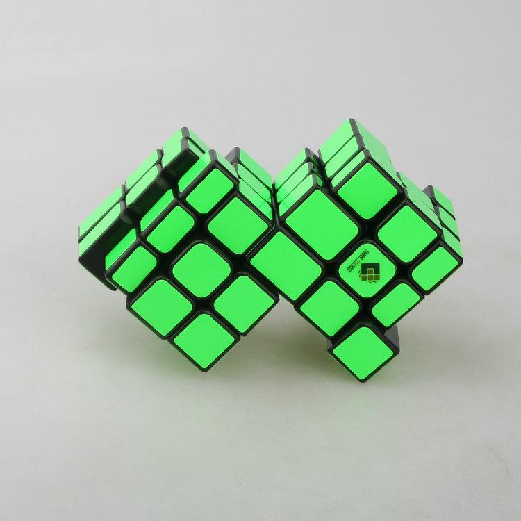 (image for) Cubetwist Unequal Mirror 2‑in‑3 Siamese Cube Black Base Fluorescent Green Sticker Conjoined Limited Rotation Puzzle