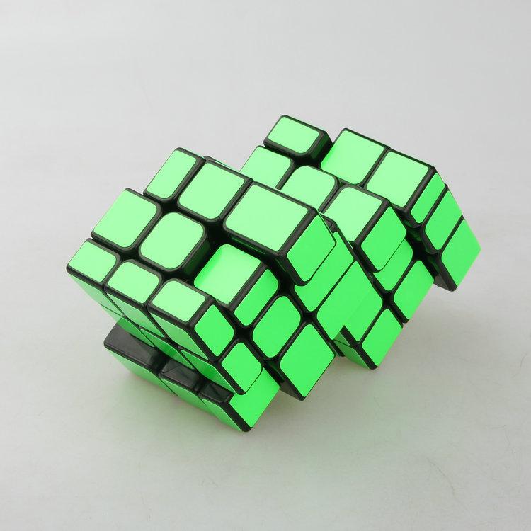 (image for) Cubetwist Unequal Mirror 2‑in‑3 Siamese Cube Black Base Fluorescent Green Sticker Conjoined Limited Rotation Puzzle