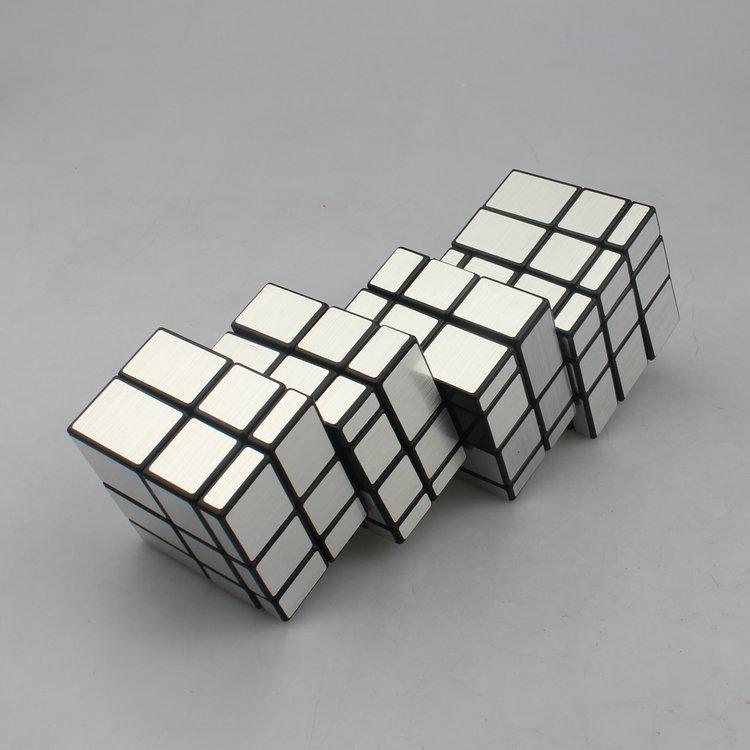(image for) CubeTwist Layer‑Stack No.4 Mirror Cube, 4‑Unit Connected Mirror Siamese Puzzle, Black Base with Silver Stickers