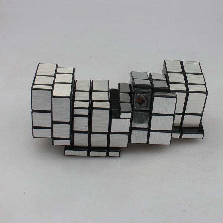 (image for) CubeTwist Layer‑Stack No.4 Mirror Cube, 4‑Unit Connected Mirror Siamese Puzzle, Black Base with Silver Stickers