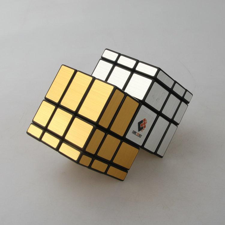 (image for) CubeTwist Mirror Blocks 2‑3 Siamese Cube, Gold & Silver Connected Mirror Twisty Puzzle, Restricted‑Rotation Mod