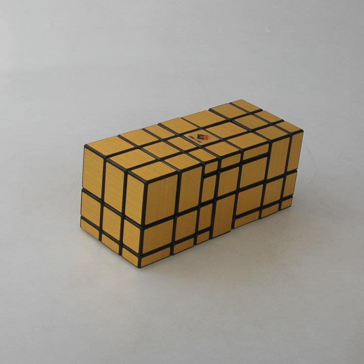 (image for) CubeTwist Stack‑3 Mirror Siamese Cube 3‑Unit Connected Mirror Blocks Black Base Gold Sticker Puzzle