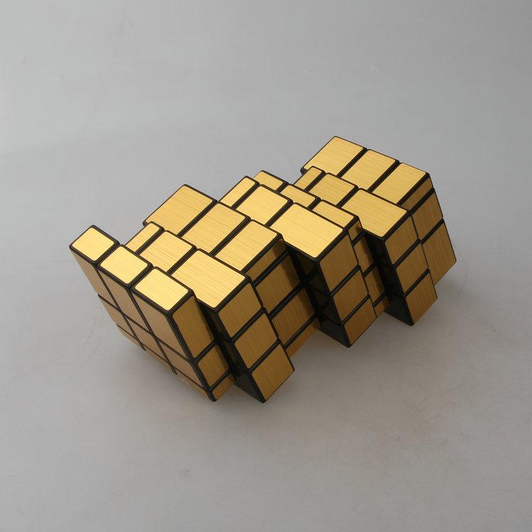 (image for) CubeTwist Stack‑3 Mirror Siamese Cube 3‑Unit Connected Mirror Blocks Black Base Gold Sticker Puzzle
