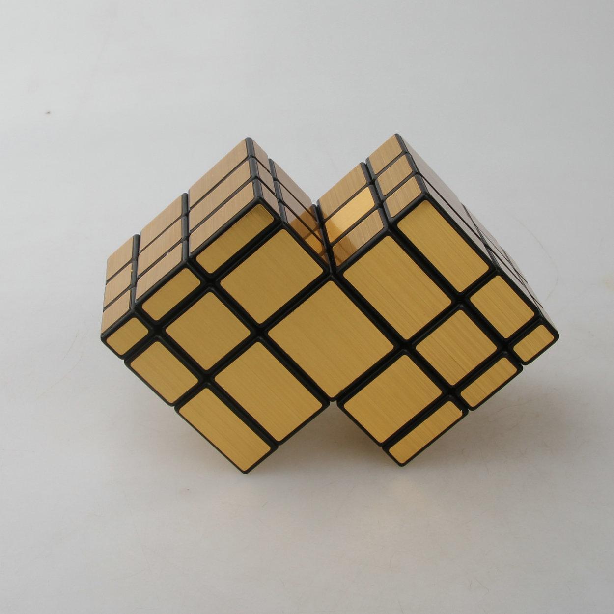 (image for) CubeTwist 2‑3 Siamese Mirror Cube, Black Base with Gold Stickers, Restricted‑Rotation Connected Twisty Puzzle