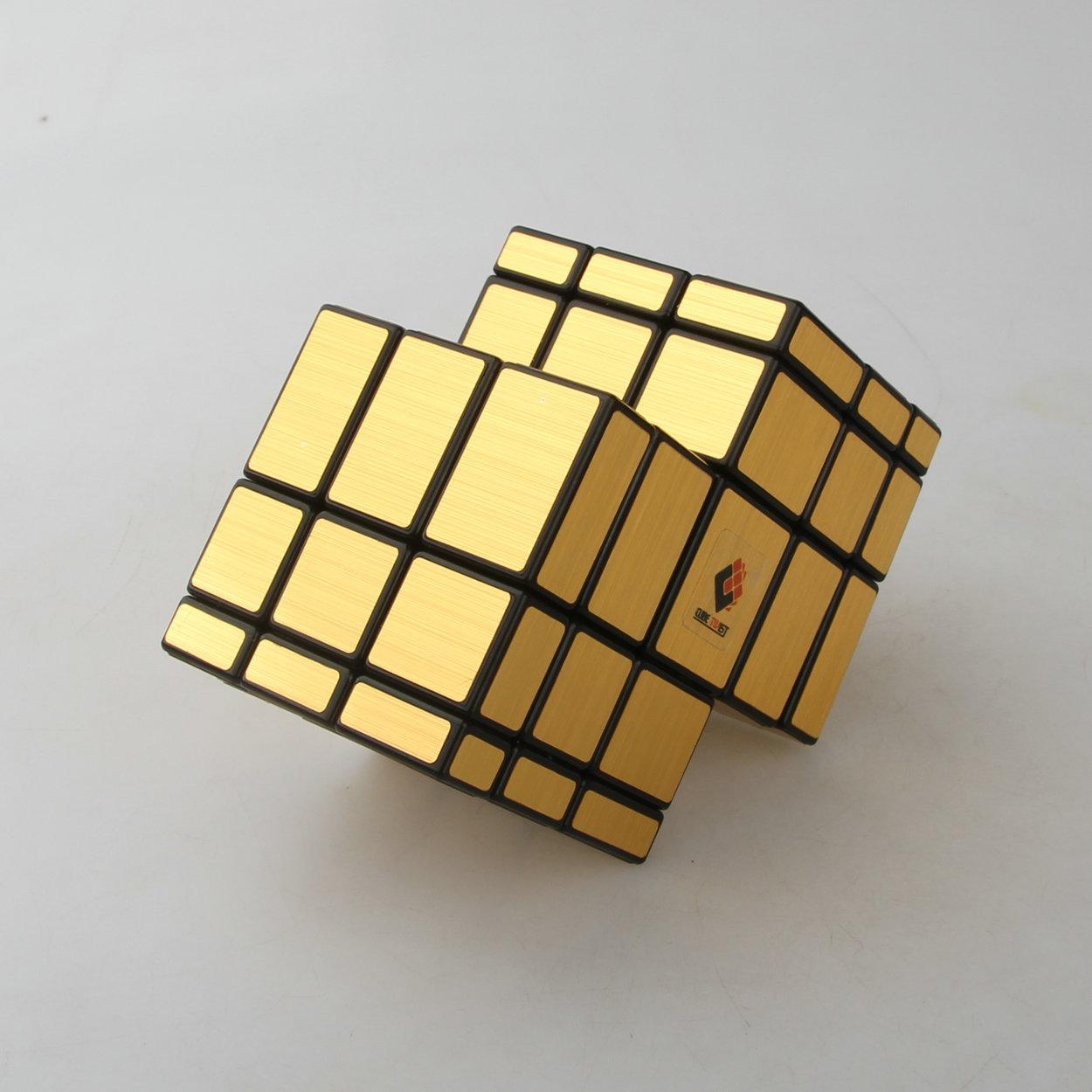 (image for) CubeTwist 2‑3 Siamese Mirror Cube, Black Base with Gold Stickers, Restricted‑Rotation Connected Twisty Puzzle