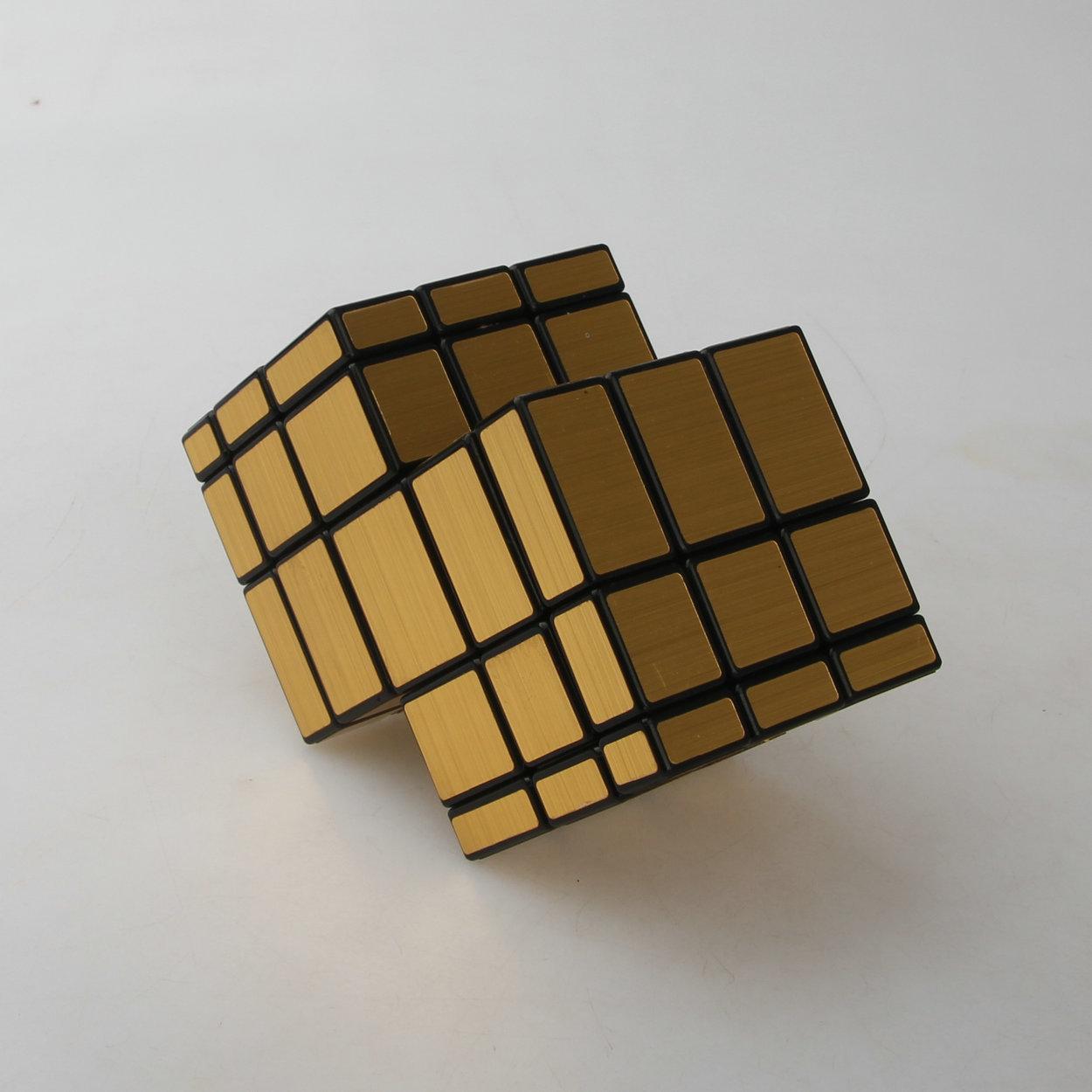 (image for) CubeTwist 2‑3 Siamese Mirror Cube, Black Base with Gold Stickers, Restricted‑Rotation Connected Twisty Puzzle