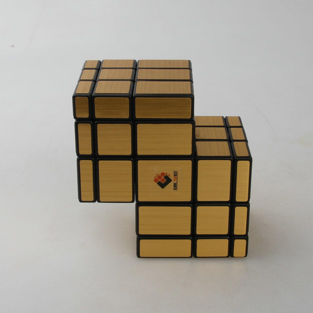 (image for) CubeTwist 2‑3 Siamese Mirror Cube, Black Base with Gold Stickers, Restricted‑Rotation Connected Twisty Puzzle