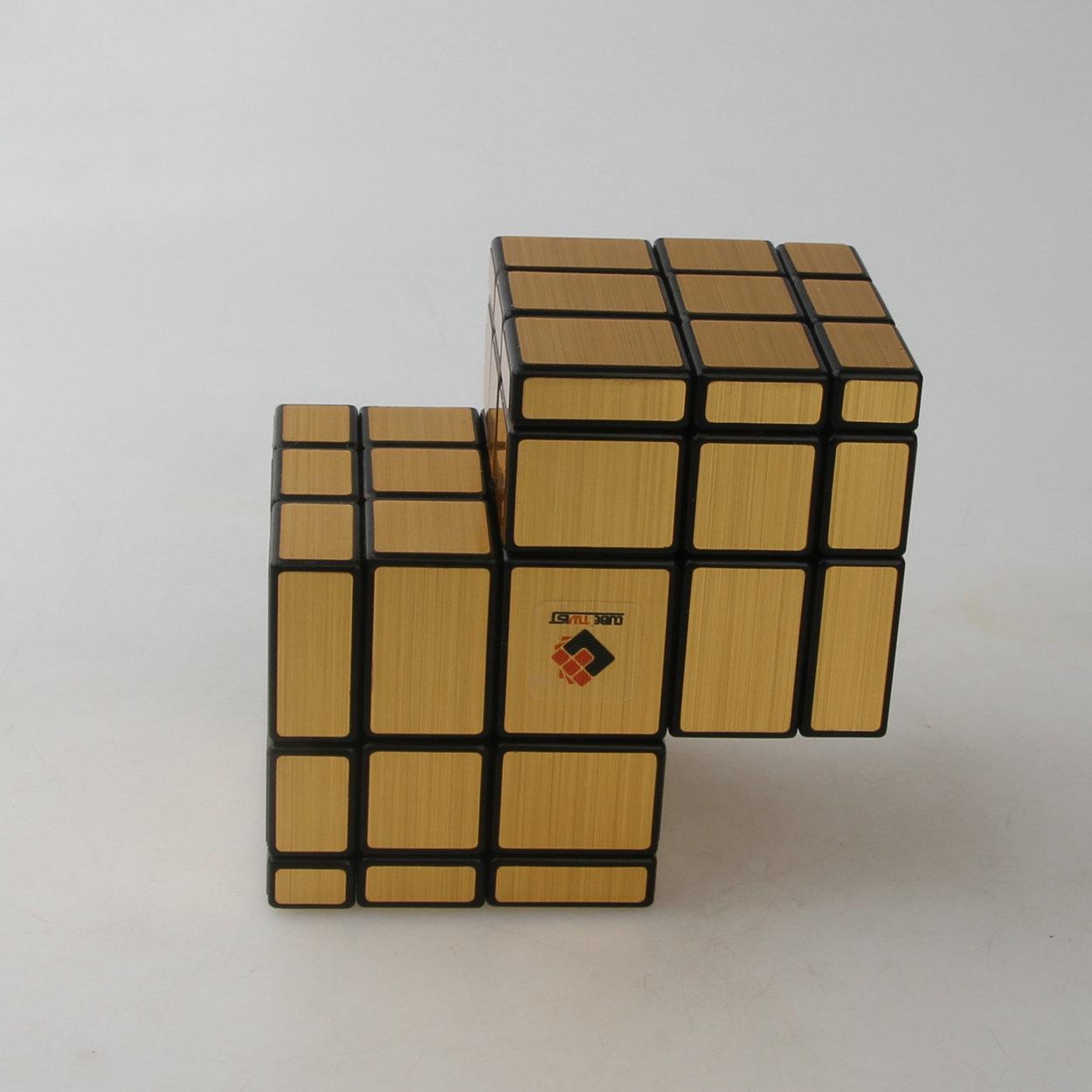 (image for) CubeTwist 2‑3 Siamese Mirror Cube, Black Base with Gold Stickers, Restricted‑Rotation Connected Twisty Puzzle