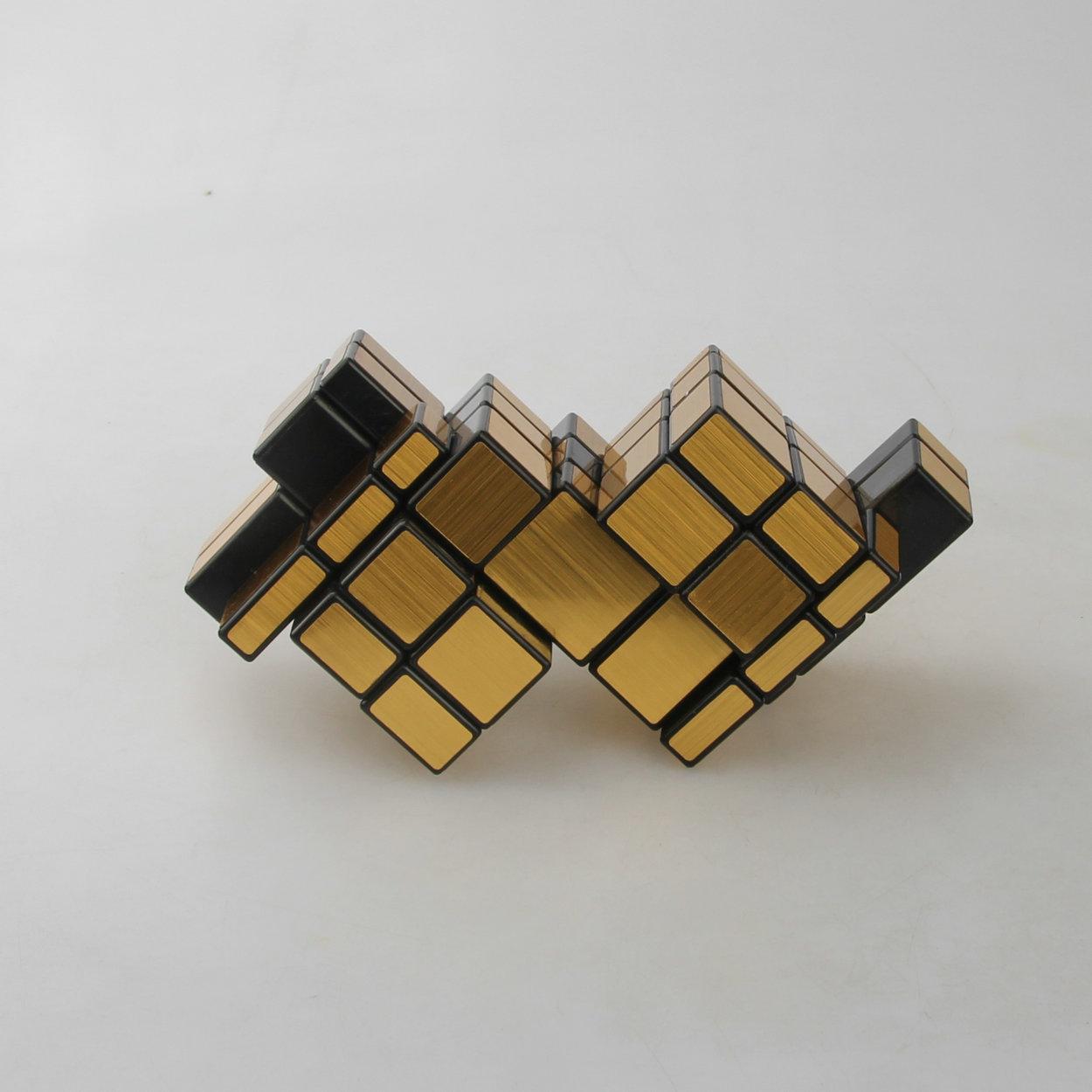 (image for) CubeTwist 2‑3 Siamese Mirror Cube, Black Base with Gold Stickers, Restricted‑Rotation Connected Twisty Puzzle