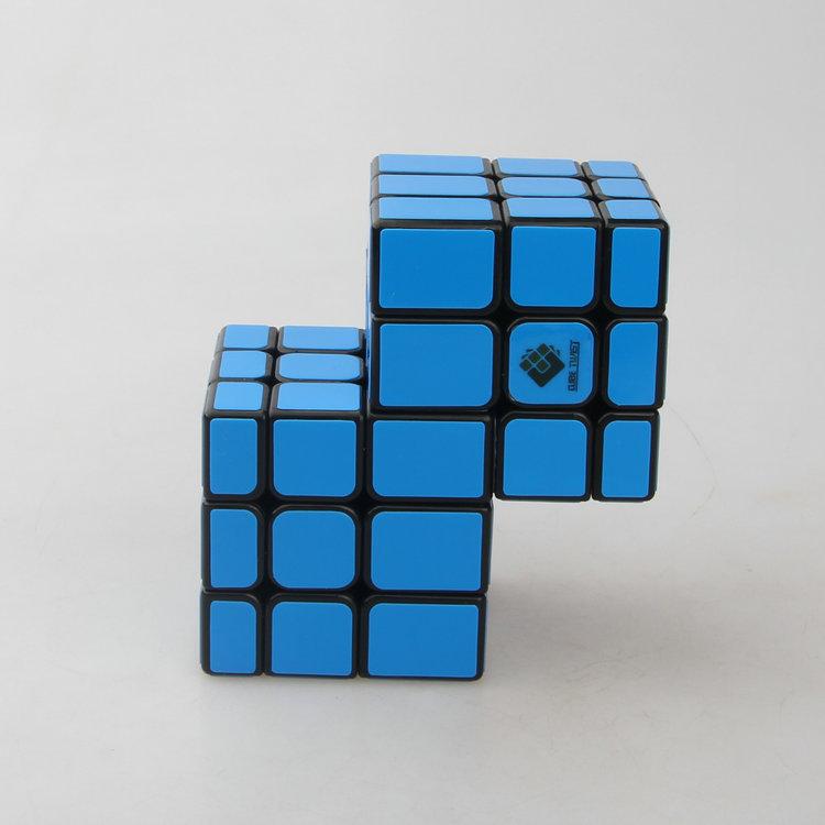 (image for) Cubetwist Unequal Mirror 2‑in‑3 Siamese Cube Black Base Fluorescent Blue Sticker Conjoined Limited Rotation Puzzle