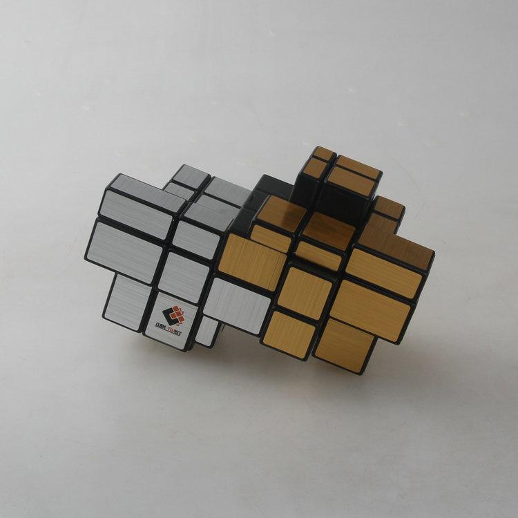 (image for) CubeTwist Stack‑1 Mirror Siamese Cube 2‑Unit Connected Mirror Blocks Black Base Gold‑Silver Sticker Puzzle