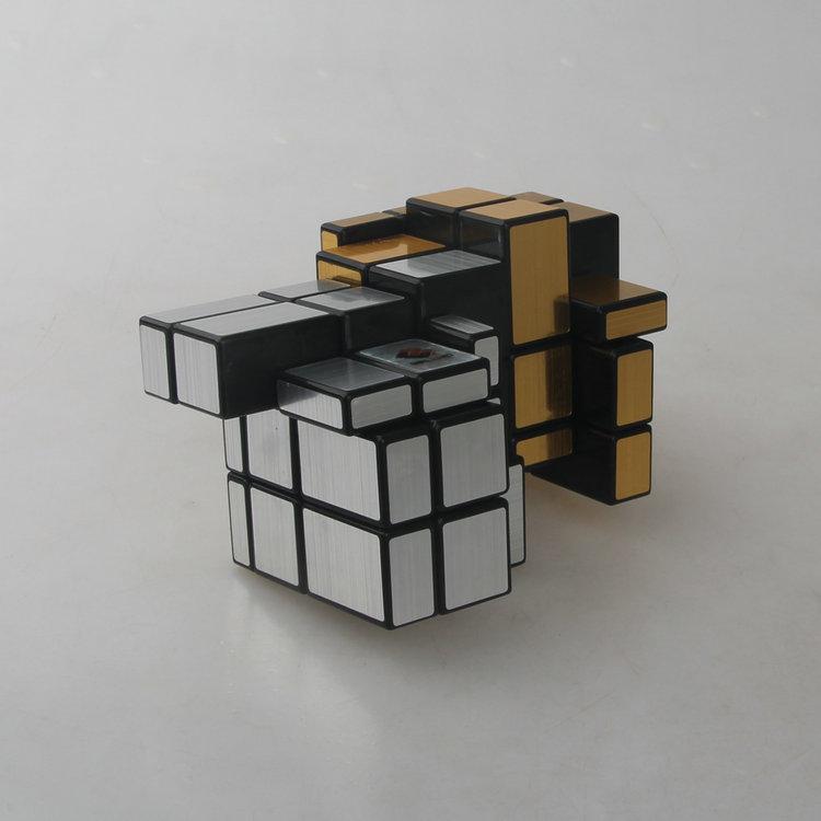 (image for) CubeTwist Stack‑1 Mirror Siamese Cube 2‑Unit Connected Mirror Blocks Black Base Gold‑Silver Sticker Puzzle