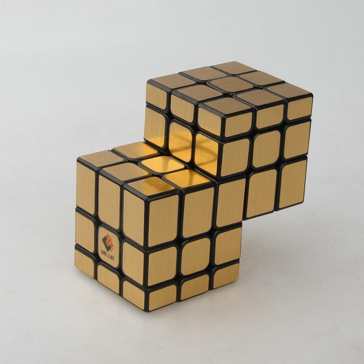 (image for) Cubetwist Unequal‑Size 2‑in‑3 Conjoined Siamese Cube Black Base Golden Stickers 3x3 Irregular Shape Twist Puzzle
